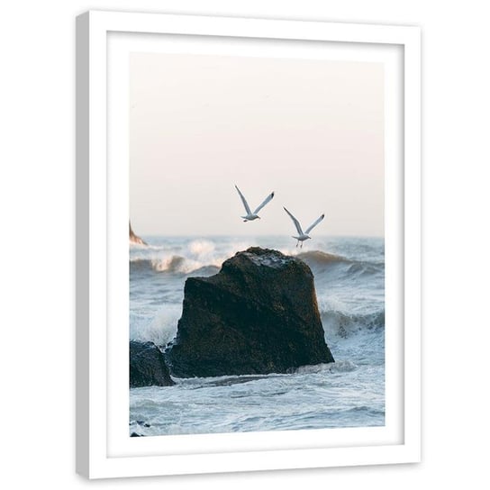 Plakat ozdobny w ramie białej FEEBY Ptaki fale skała morze, 60x80 cm Feeby