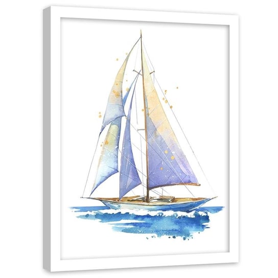 Plakat ozdobny w ramie białej FEEBY Żaglówka na wodzie, 80x120 cm Feeby