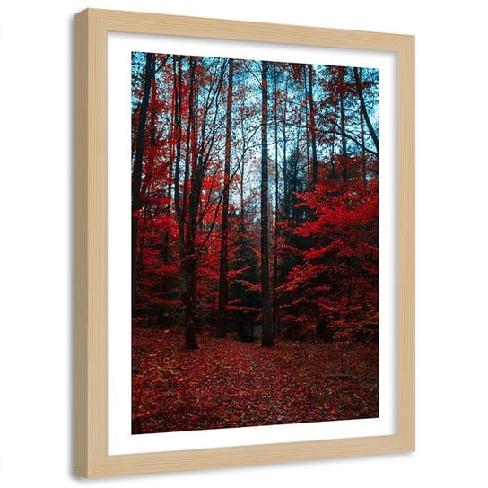 Plakat ozdobny w ramie naturalnej FEEBY Las z drzewami czerwony, 40x50 cm Feeby