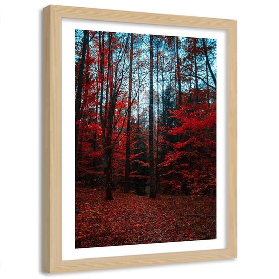 Plakat ozdobny w ramie naturalnej FEEBY Las z drzewami czerwony, 60x90 cm Feeby