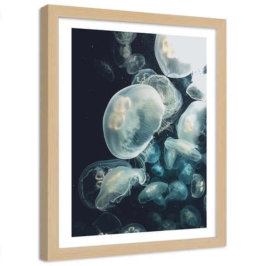 Plakat ozdobny w ramie naturalnej FEEBY Morskie stworzenia meduzy, 50x70 cm Feeby