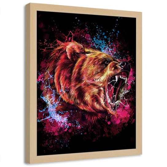 Plakat ozdobny w ramie naturalnej FEEBY Niedźwiedź zwierzę dzikość, 70x100 cm Feeby