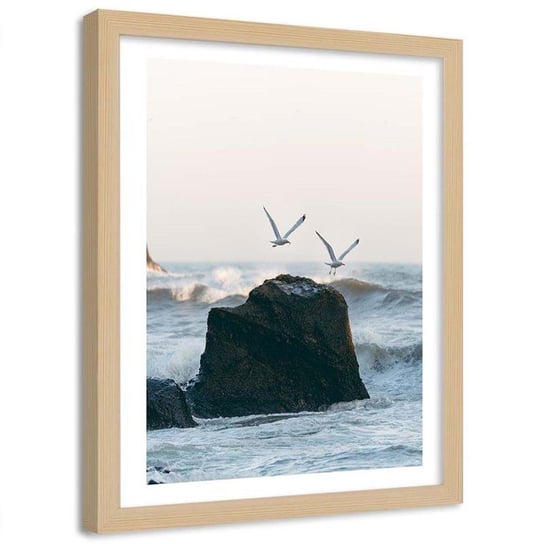 Plakat ozdobny w ramie naturalnej FEEBY Skalisty brzeg morze mewy, 50x70 cm Feeby