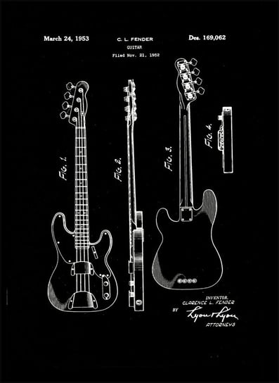 Plakat, Patent Fender Gitara Basowa Projekt 1952 - retro, 50x70 cm reinders