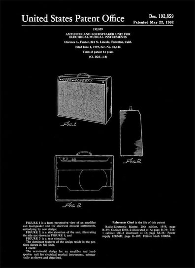 Plakat, Patent Fender Guitar Amplifier Wzmacniacz Gitarowy Projekt 1959 - retro, 40x50 cm reinders