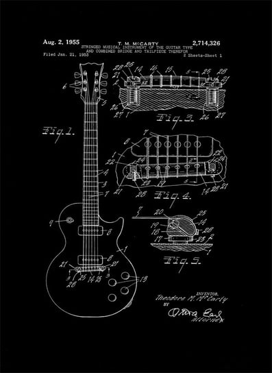 Plakat, Patent Gitara Elektryczna Projekt 1955 - retro, 21x29,7 cm reinders