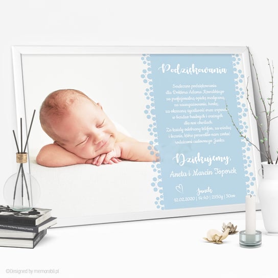 Plakat podziękowanie dla lekarza, położnej ramka a4 + zdjęcie dziecka, niebieski Memorabli