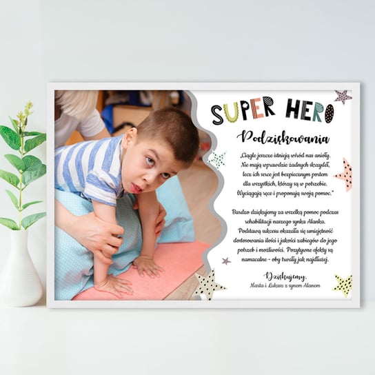 Plakat podziękowanie dla lekarza, położnej ramka a4 + zdjęcie dziecka, super HERO Memorabli