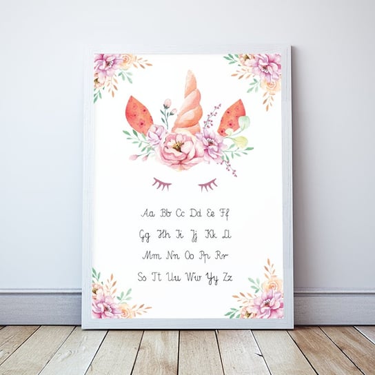Plakat Polski alfabet dla dziewczynki, Jednorożec format A3 Wallie Studio Dekoracji