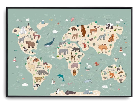 Plakat r 91x61 cm Pokój Dziecka Mapa Świata Zwierz Printonia