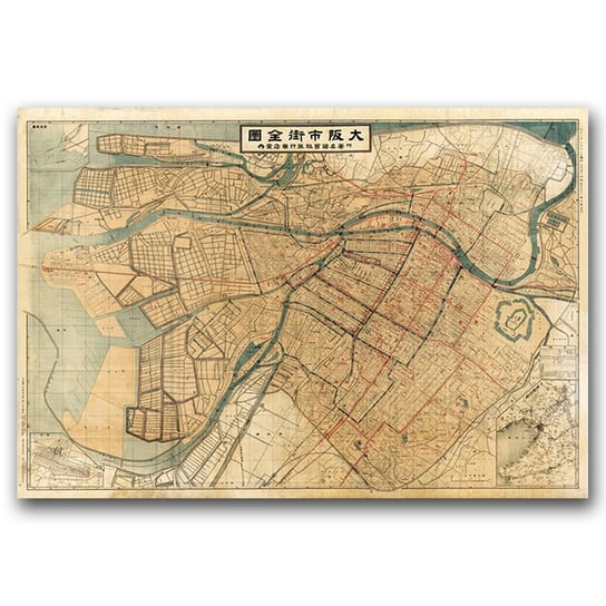 Plakat retro do salonu Stara mapa miasta Osaka A1 Vintageposteria