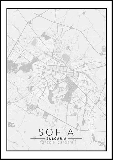 Plakat, Sofia, Bułgaria mapa czarno biała, 60x80 cm reinders