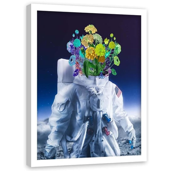 Plakat w ramie białej FEEBY Amerykański astronauta i kwiaty, 50x70 cm Feeby