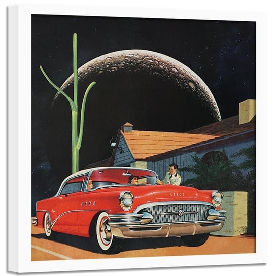 Plakat w ramie białej FEEBY Czerwony samochód i księżyc, 40x40 cm Feeby