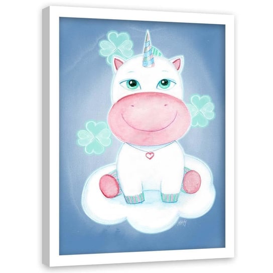 Plakat w ramie białej FEEBY, Jednorożec w chmurach dla dzieci, 50x70 cm Feeby