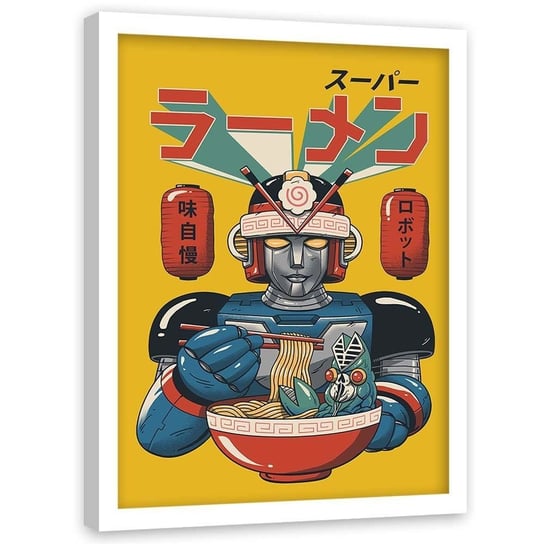 Plakat w ramie białej FEEBY Jedzący robot anime, 40x60 cm Feeby