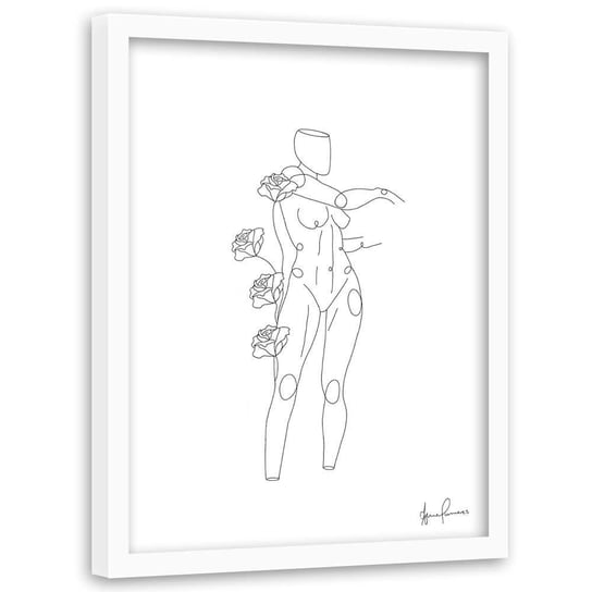 Plakat w ramie białej FEEBY Kobieta i róże, minimalizm, 50x70 cm Feeby