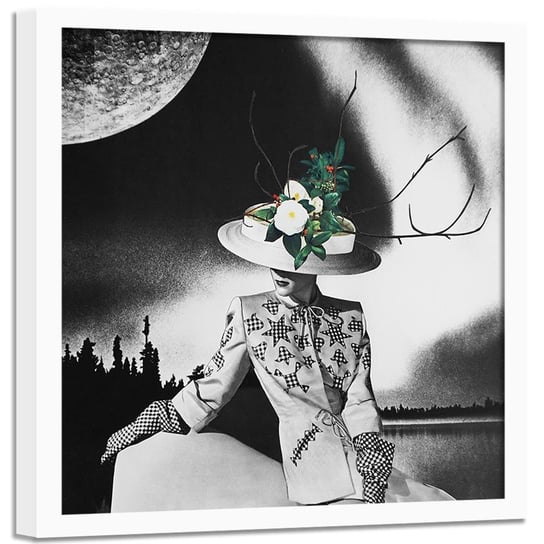 Plakat w ramie białej FEEBY Kobieta w kapeluszu z kwiatów, 40x40 cm Feeby
