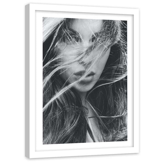 Plakat w ramie białej Feeby,  Kobieta włosy na wietrze 40x50 cm Feeby