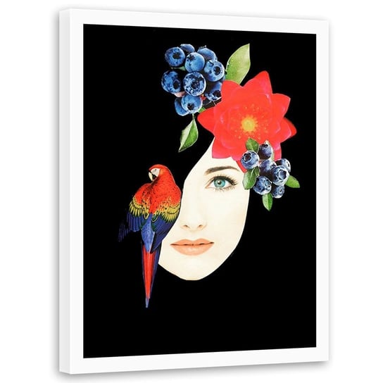 Plakat w ramie białej FEEBY Kolaż kobieta z arą, 70x100 cm Feeby