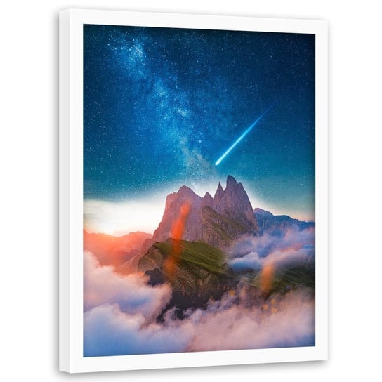 Plakat w ramie białej FEEBY Kometa nad górami, 50x70 cm Feeby