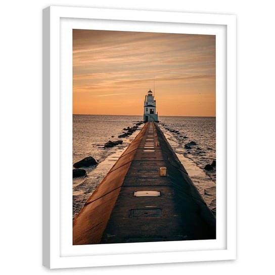 Plakat w ramie białej Feeby,  Latarnia morska zachód słońca morze 40x60 cm Feeby