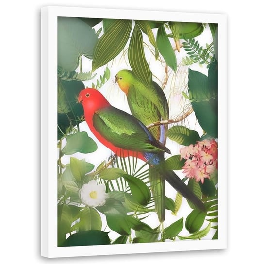 Plakat w ramie białej FEEBY Papugi w liściach, 40x60 cm Feeby