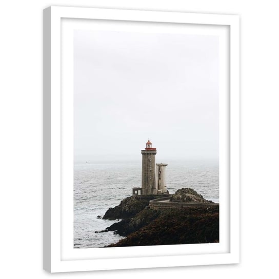 Plakat w ramie białej Feeby, Pochmurna pogoda nad morzem latarnia 21x30 cm Feeby