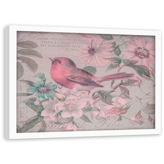 Plakat w ramie białej FEEBY Ptak i kwiaty, 60x40 cm Feeby