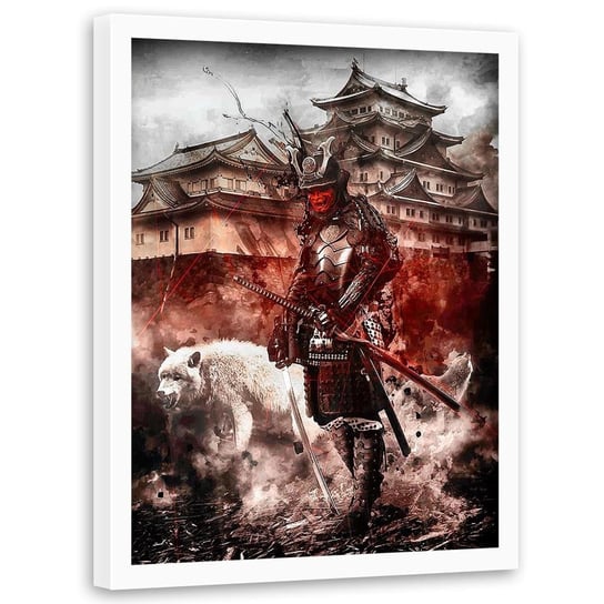 Plakat w ramie białej FEEBY Samuraj i biały wilk, 70x100 cm Feeby