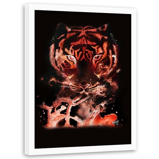 Plakat w ramie białej FEEBY, Tygrys na czerwonym tle, 50x70 cm Feeby