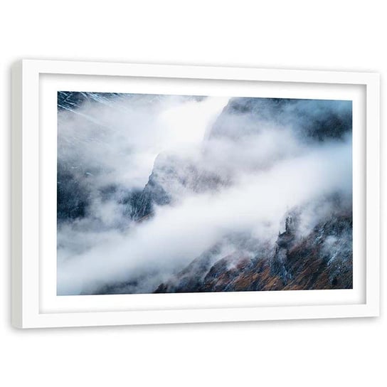 Plakat w ramie białej Feeby, Widok na górskie zbocza w chmurach 80x60 cm Feeby