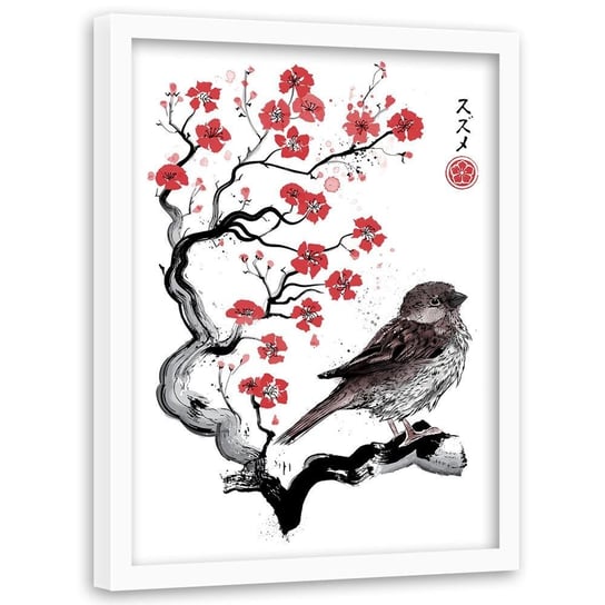Plakat w ramie białej FEEBY Wróbel na japońskiej wiśni, 50x70 cm Feeby