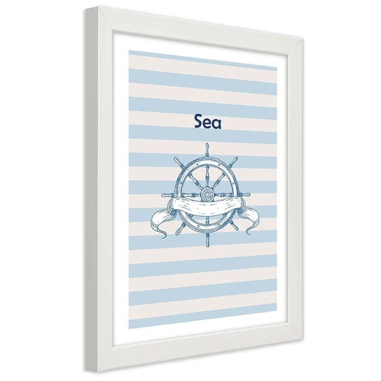 Plakat w ramie białej, Ster i napis Sea 30x45 Feeby