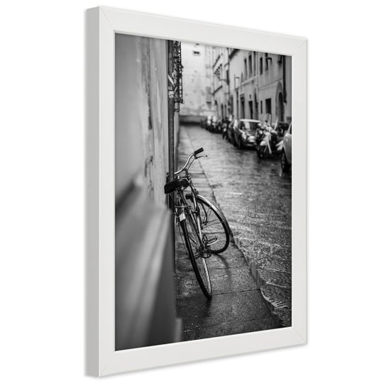 Plakat w ramie białej, Ulica i rower w deszczu 30x45 Feeby