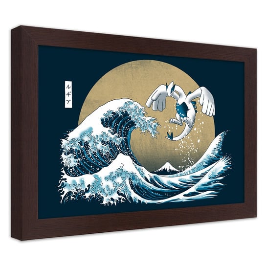 Plakat w ramie brązowej, Fala tsunami - japoński motyw 100x70 Feeby