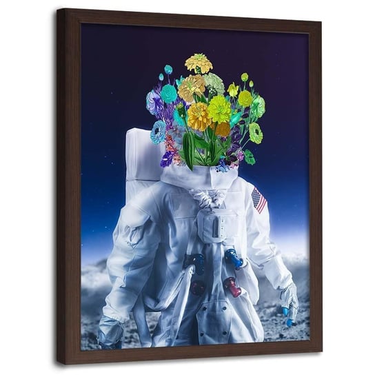 Plakat w ramie brązowej FEEBY Amerykański astronauta i kwiaty, 70x100 cm Feeby