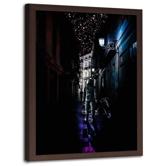 Plakat w ramie brązowej FEEBY Astronauta w uliczce, 70x100 cm Feeby