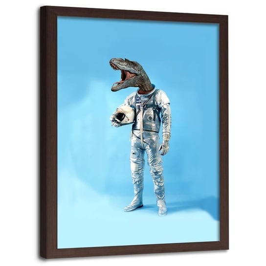 Plakat w ramie brązowej FEEBY Astronauta z głową dinozaura, 50x70 cm Feeby