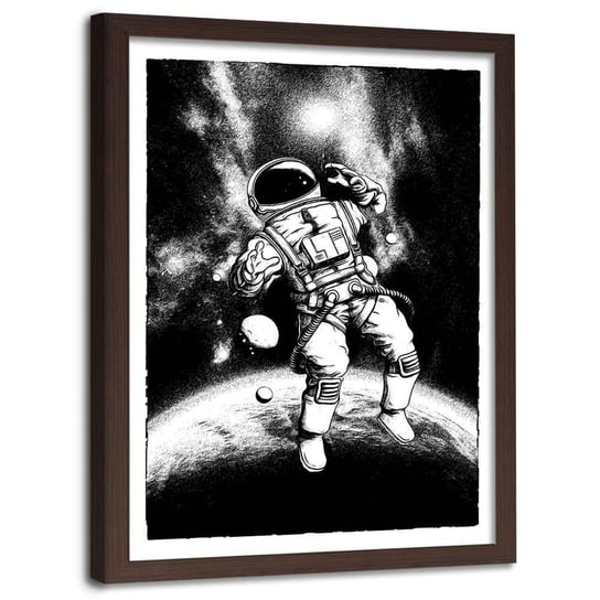 Plakat w ramie brązowej FEEBY Czarno-biały kosmonauta, 40x60 cm Feeby