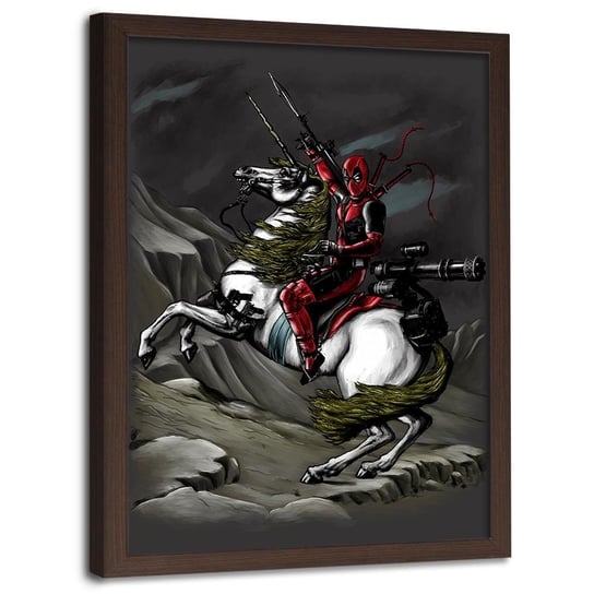 Plakat w ramie brązowej FEEBY Deadpool na koniu, 70x100 cm Feeby