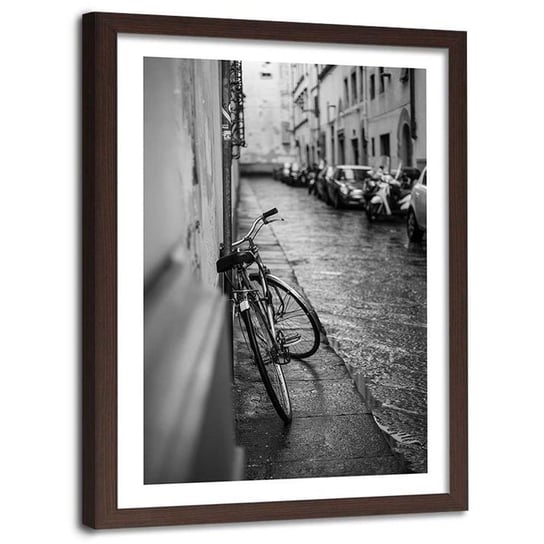 Plakat w ramie brązowej Feeby, Deszczowy dzień rower 13x18 cm Feeby