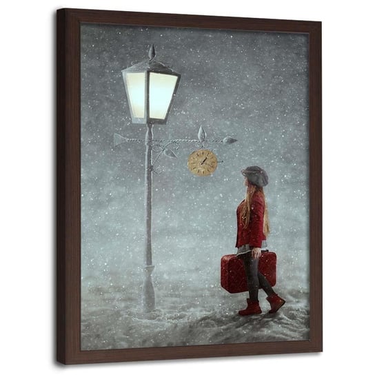 Plakat w ramie brązowej FEEBY, Dziewczyna w śnieżną noc, 70x100 cm Feeby