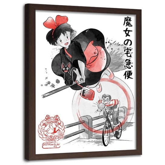 Plakat w ramie brązowej FEEBY Japońska czarownica z czarnym kotem, 40x60 cm Feeby