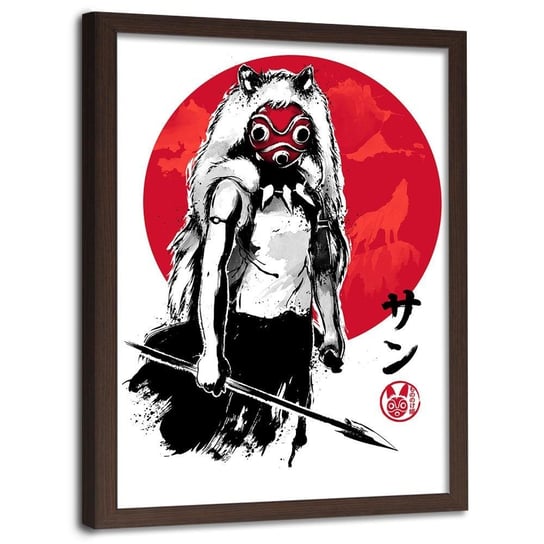 Plakat w ramie brązowej FEEBY Japońska dziewczyna wilk sumi e, 40x60 cm Feeby