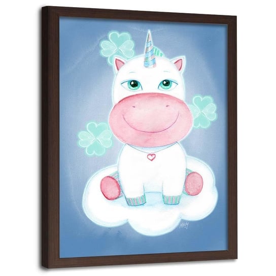Plakat w ramie brązowej FEEBY, Jednorożec w chmurach dla dzieci, 40x60 cm Feeby