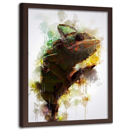 Plakat w ramie brązowej FEEBY Kameleon na gałęzi, 70x100 cm Feeby