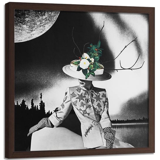 Plakat w ramie brązowej FEEBY Kobieta w kapeluszu z kwiatów, 80x80 cm Feeby