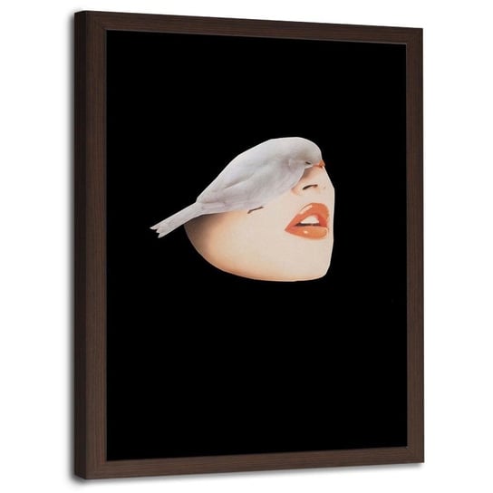 Plakat w ramie brązowej FEEBY Kolaż kobieta z ptakiem, 40x60 cm Feeby
