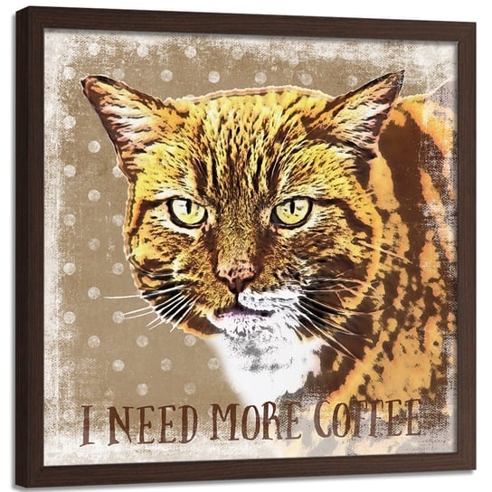 Plakat w ramie brązowej FEEBY Kot i kawa, 40x40 cm Feeby